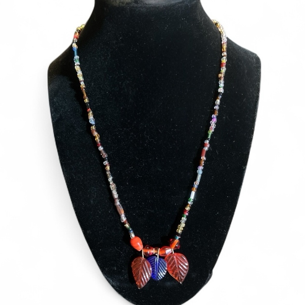 Vintage Glass Leaf Seed Bead Necklace 26” Bohemian Folkloric Colorful